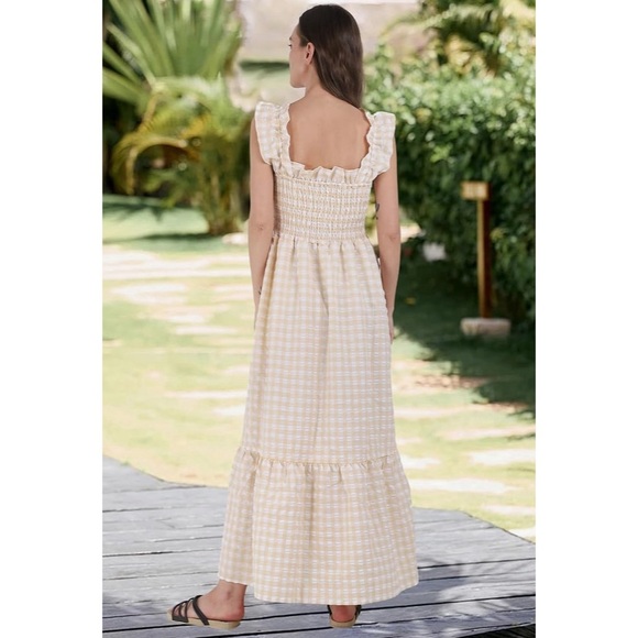 Gingham Print Plaid Smocked Spaghetti Straps Flouncy Long Dress in Khaki - Picture 7 of 9